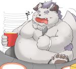  2019 anthro behemoth_(housamo) belly blush horn humanoid_hands japanese_text male marimo_chorobon monster moobs overweight overweight_male sitting solo text tokyo_afterschool_summoners tongue tongue_out video_games 