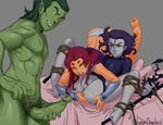  2girls bdsm beast_boy_(dc) bondage bound dc_comics galactic_overlord imminent_sex multiple_girls raven_(dc) starfire teen_titans 