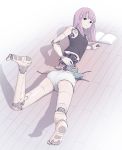  1girl android bangs barefoot black_tank_top blunt_bangs book cable commentary_request damaged highres looking_at_viewer lying mechanical_parts on_floor on_stomach open_book original pale_color parts_exposed pink_hair purple_eyes robot_joints short_shorts shorts soles solo sukabu tube white_shorts wooden_floor 