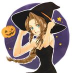  aerith_gainsborough bare_shoulders braid brown_hair dress drill_hair final_fantasy final_fantasy_vii green_eyes grin halloween happy_halloween hat jack-o'-lantern long_hair lowres pumpkin smile solo teeth uninin_(uni_breath) witch witch_hat 