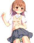  blush brown_eyes brown_hair lying misaka_mikoto pu-en school_uniform short_hair shorts solo sweater_vest to_aru_kagaku_no_railgun to_aru_majutsu_no_index upskirt 