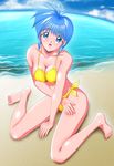  barefoot beach bikini blue_eyes blue_hair day legs nijino_saki shopyun short_hair side-tie_bikini solo swimsuit tokimeki_memorial tokimeki_memorial_1 yellow_bikini 