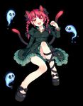  animal_ears braid cat_ears cat_tail dress enone extra_ears fang floating_skull ghost kaenbyou_rin leg_ribbon open_mouth red_eyes red_hair ribbon short_hair simple_background sitting skull smile solo tail touhou twin_braids twintails 