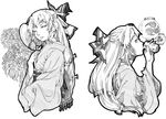  can drinking fan fujiwara_no_mokou greyscale hair_ribbon holding japanese_clothes kimono lamp long_hair looking_back monochrome obi profile ribbon sash totaku_(musha_prune) touhou wide_sleeves 