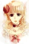  alternate_hairstyle bad_id bad_pixiv_id beatrice blonde_hair blue_eyes bow brown_eyes choker close-up dress face flower frills hair_flower hair_ornament heterochromia lips long_hair oono_eiko parted_lips pink_bow solo umineko_no_naku_koro_ni 