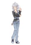  alternate_costume blue_eyes braid casual contemporary denim izayoi_sakuya jeans morino_hon one_eye_closed pants shoes short_hair silver_hair sneakers solo touhou twin_braids 