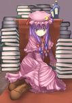  book book_stack boots brown_eyes cross-laced_footwear dress hat lace-up_boots long_hair patchouli_knowledge purple_hair sitting solo touboku touhou yokozuwari 