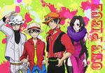  3boys bad_id bad_pixiv_id black_hair blush boa_hancock dress earrings feather_boa hat jewelry long_hair monkey_d_luffy multiple_boys necktie one_piece portgas_d_ace rei-09 side_slit thighhighs trafalgar_law 