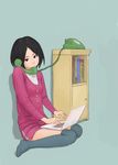  black_hair computer cradling_phone kneeling laptop multitasking original phone short_hair shorts socks solo talking_on_phone taxi_(artist) thighhighs 