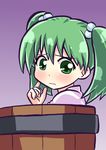  blush bucket green_eyes green_hair hair_bobbles hair_ornament in_bucket in_container kisume solo tennouji_masamichi touhou twintails wooden_bucket 