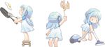  artist_request barefoot blue_hair blush chibi cleaning cooking dress duster egg flipping_food flower_(kowarekake) food frying_pan headphones kowarekake_no_orgel ninja_toes spatula stool tiptoes vacuum_cleaner |_| 