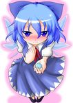  blue_hair blush cirno dress embarrassed gift hayase_kento heart holding holding_gift ice ice_sculpture incoming_gift looking_at_viewer purple_eyes short_hair solo touhou valentine wings 