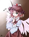  animal_ears bag earrings finger_to_mouth gift gr_(artist) grey_eyes hat holding holding_gift jewelry musical_note mystia_lorelei one_eye_closed pink_hair short_hair solo touhou wings 