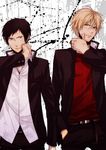  bad_id bad_pixiv_id black_hair blonde_hair dirty durarara!! hand_in_pocket heiwajima_shizuo jacket male_focus multiple_boys orihara_izaya school_uniform xia_(ryugo) 