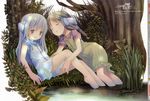  barefoot blue_hair brown_hair dress feet flower_(kowarekake) hands headphones kowarekake_no_orgel megami multiple_girls pop sitting soaking_feet tree water 