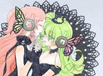  apple_inc. butterfly_hair_ornament butterfly_wings closed_eyes face-to-face green_eyes green_hair hair_ornament hat headphones long_hair macintosh macloid macne_coco macne_nana magnet_(vocaloid) mini_hat mini_top_hat multiple_girls pink_hair top_hat vocaloid wings yahoro 