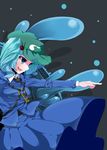  blue_eyes blue_hair breasts hair_bobbles hair_ornament hat highres kawashiro_nitori key medium_breasts pointing short_hair simple_background solo tama_(speedgrapher) touhou twintails two_side_up water 