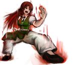  aura bow braid chinese_clothes dress fighting_stance hong_meiling long_hair paipo_(chickshow) red_eyes red_hair solo touhou twin_braids 