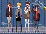  amagi_yukiko black_hair blue_hair brown_hair casual fashion glasses hat kujikawa_rise legs multiple_girls pantyhose persona persona_4 red_hair satonaka_chie shirogane_naoto white_legwear yui_(marine-drive) 