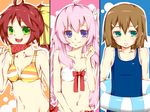  2girls aqua_eyes bad_id bad_pixiv_id baka_to_test_to_shoukanjuu bikini brown_hair food fruit green_eyes hair_ornament hairclip himeji_mizuki innertube kinoshita_hideyoshi long_hair looking_away multiple_girls otoko_no_ko pink_hair ponytail popsicle purple_eyes richard_(ri39p) shimada_minami striped striped_bikini swimsuit watermelon watermelon_bar 