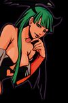  bare_shoulders bat_wings breasts cleavage demon_girl elbow_gloves eyelashes feathers fingerless_gloves gloves green_eyes green_hair head_wings large_breasts long_hair morrigan_aensland simple_background solo succubus vampire_(game) wings 