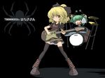  2girls bangs black_legwear blonde_hair brown_eyes bug drum drum_set eyebrows eyebrows_visible_through_hair green_eyes green_hair guitar hair_between_eyes hair_ribbon instrument kisume kurodani_yamame miniskirt multiple_girls open_mouth pleated_skirt puffy_short_sleeves puffy_sleeves ribbon short_sleeves skirt smile spider thighhighs touhou wide_sleeves 