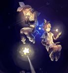  1girl blonde_hair blue_eyes brother_and_sister detached_sleeves hair_ornament hair_ribbon hairclip headphones hikariz kagamine_len kagamine_rin necktie one_eye_closed ribbon shorts siblings star twins vocaloid 