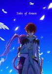  1girl asbel_lhant back-to-back blue_background brown_hair copyright_name feathers ichihara_misaki purple_hair sophie_(tales) sword tales_of_(series) tales_of_graces weapon 