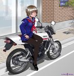  brown_hair ground_vehicle maki_michaux motor_vehicle motorcycle original pantyhose school_uniform short_hair solo yamaha 