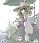  216 bad_id bad_pixiv_id blonde_hair frog hasunoue_keroppi kero_kero_keroppi leaf_umbrella moriya_suwako solo thighhighs touhou 