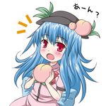  1girl blue_hair blush chibi food fruit hat hinanawi_tenshi holding holding_food holding_fruit long_hair open_mouth peach red_eyes solo surprised touhou usakou 