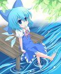  ahoge barefoot blue_eyes blue_hair blush bow child cirno dock dress hair_bow leaf open_mouth ribbon river short_hair sitting soaking_feet solo splashing surprised touhou water wings yuya_(minus-k) 