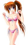  bare_shoulders bikini blush front-tie_top highres long_hair lyrical_nanoha mahou_shoujo_lyrical_nanoha_strikers navel open_mouth otoki_raku purple_eyes red_hair shiny shiny_skin side-tie_bikini side_ponytail skindentation smile solo strap_lift strap_pull swimsuit takamachi_nanoha thigh_gap 