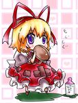  blonde_hair blush_stickers chibi eating fifiruu medicine_melancholy purple_eyes ribbon short_hair solo the_iron_of_yin_and_yang touhou 