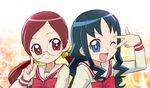  ;d adjusting_eyewear black_hair blue_eyes eyelashes glasses hanasaki_tsubomi heartcatch_precure! kurumi_erika multiple_girls myoudou_gakuen_middle_school_uniform one_eye_closed open_mouth precure red_eyes red_hair round_eyewear school_uniform serafuku smile twintails ueyama_michirou v v_over_eye 