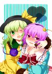  bdsm blush bondage bound chocolate green_hair hairband hat heart highres komeiji_koishi komeiji_satori multiple_girls n-mix one_eye_closed pink_hair purple_hair ribbon siblings sisters tears touhou valentine 