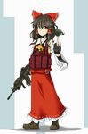  assault_rifle blush boots bow brown_hair dress explosive grenade gun hair_bow hakurei_reimu load_bearing_vest long_hair m4_carbine mekahisui military_operator orb rifle smile solo touhou vertical_foregrip weapon yellow_eyes yin_yang 