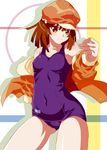  bad_id bad_pixiv_id bakemonogatari brown_eyes brown_hair cabbie_hat hat jacket jacket_over_swimsuit kanna_kanaki monogatari_(series) one-piece_swimsuit school_swimsuit sengoku_nadeko short_hair solo swimsuit 