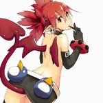  ass back bad_id bad_pixiv_id bat_wings belt bracelet demon_girl disgaea earrings elbow_gloves etna gloves jewelry looking_back memesaso miniskirt pointy_ears prinny red_eyes red_hair skirt solo tail thighhighs topless twintails wings 