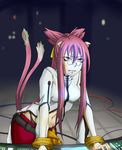  animal_ears blazblue bracelet glasses jewelry kokonoe long_hair pibiko pink_hair slit_pupils solo tail 