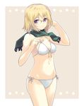  bikini blonde_hair cowboy_shot dasoku_sentarou glasses green_scarf original purple_eyes scarf short_hair side-tie_bikini simple_background solo swimsuit 