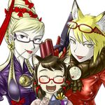  animal_ears bayonetta bayonetta_(character) bayonetta_(character)_(cosplay) bespectacled blonde_hair brown_hair cat_ears cereza cereza_(cosplay) chen closed_eyes cosplay crossover doll earrings fangs fusion glasses gun jeanne_(bayonetta) jeanne_(bayonetta)_(cosplay) jewelry leex lipstick long_hair makeup multiple_girls purple_eyes short_hair slit_pupils touhou weapon yakumo_ran yakumo_yukari yellow_eyes 