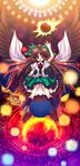  black_sun bow brown_hair capura_lin eyes fang green_bow hair_bow highres long_hair red_eyes reiuji_utsuho solo starry_sky_print sun touhou wings 