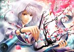  absurdres bad_id bad_pixiv_id bird bracelet calligraphy_brush cherry_blossoms copyright_request flower haru_(toyst) highres jewelry male_focus paintbrush petals purple_eyes scroll seigaiha solo white_hair 