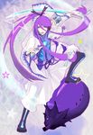  bad_id bad_pixiv_id blue_eyes eggplant fan kamui_gakupo long_hair male_focus ponytail purple_hair sakumi solo sword vocaloid weapon 