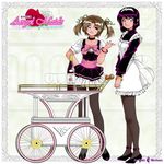  ;) alcohol apron artist_name bangle bangs black_footwear black_legwear bottle bow bracelet brown_hair choker cup drinking_glass earrings grin hair_ribbon hand_on_hip hands_together high_heels jewelry lace_background logo long_sleeves looking_at_viewer maid maid_headdress maki_michaux miniskirt multiple_girls one_eye_closed original pantyhose pink_bow purple_hair ribbon sash serving_cart shoes short_sleeves skirt smile standing twintails v_arms white_skirt wine wine_bottle wine_glass 