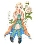  apple aqua_eyes bad_id bad_pixiv_id bianca blonde_hair braid cape dragon_quest dragon_quest_v flower food fruit hair_over_shoulder holding holding_food holding_fruit long_hair mizuzono open_mouth shoes single_braid socks solo 