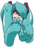  aqua_eyes aqua_hair barefoot feet foreshortening full_body hair_over_one_eye hatsune_miku headset hoppy_inochi horror_(theme) legs pov_feet shiteyan'yo simple_background smile solo vocaloid what you_gonna_get_raped 