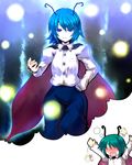  :d antennae aqua_hair blue_eyes blue_hair blush cape dress_shirt dual_persona embarrassed hand_in_pocket imagining multiple_girls no_nose open_mouth pants saemon_(tonpura) shirt short_hair smile thought_bubble touhou wriggle_nightbug 