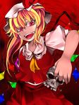 :d ascot blonde_hair crystal demon_wings dress flandre_scarlet holding looking_at_viewer open_mouth puffy_short_sleeves puffy_sleeves red_background red_dress red_eyes serizawa_mutsuki short_sleeves side_ponytail simple_background skull smile solo touhou vampire wings 